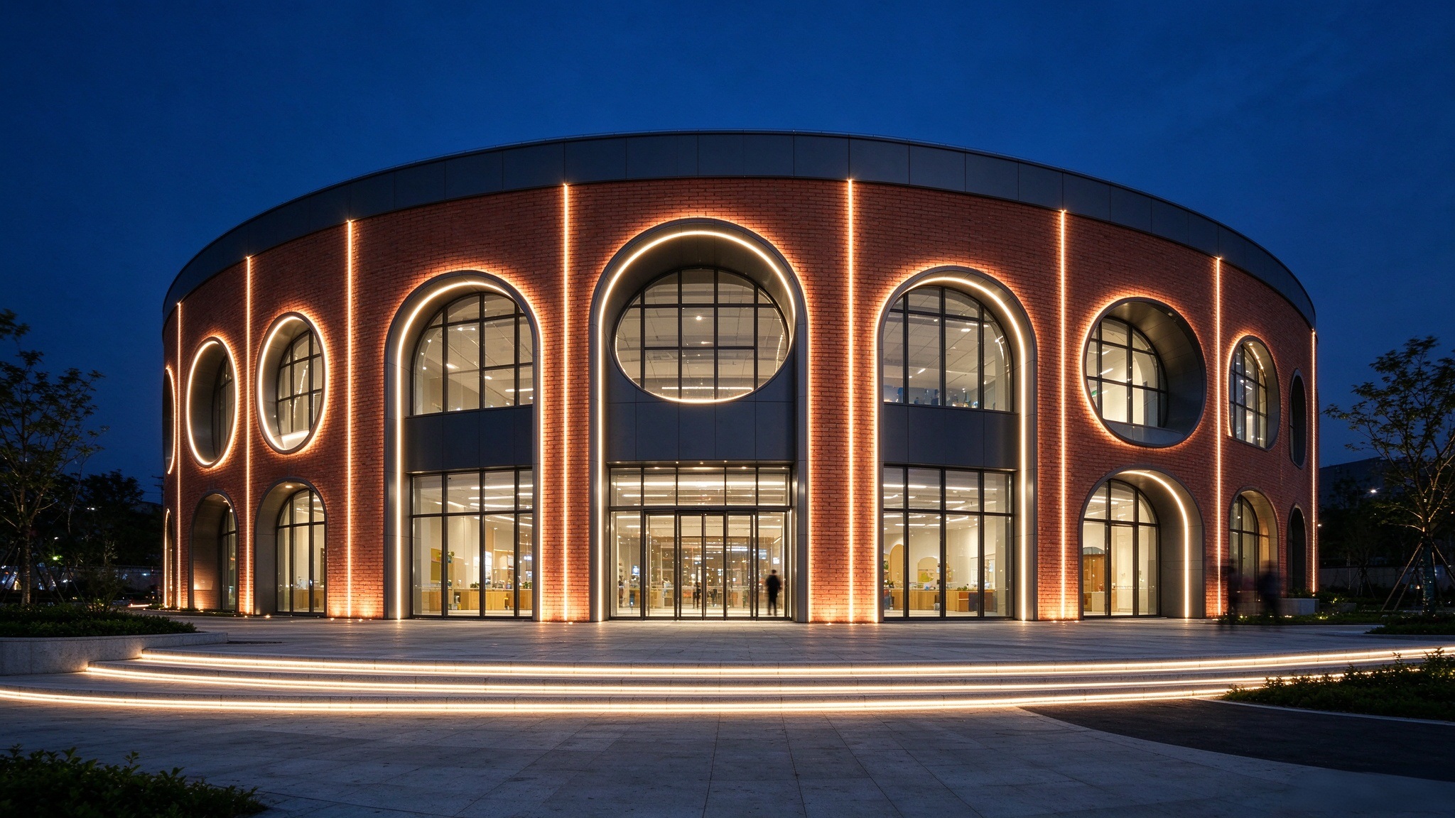Outdoor Architectural LED Strip Lighting Outdoor architectural LED strip lights tracing arched windows and the base of a round building